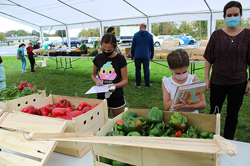 Two older elementary girls write on their notebooks as they look at bins of green and red peppers.