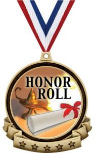 a red white and blue ribbon with a gold medallion on it that says Honor Roll with a rolled up diploma and a lamp.