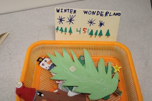 An orange basket holds paper decorations of evergreen trees, snowmen and other winter scenes. There is a sign that says Winter Wonderland 45 cents
