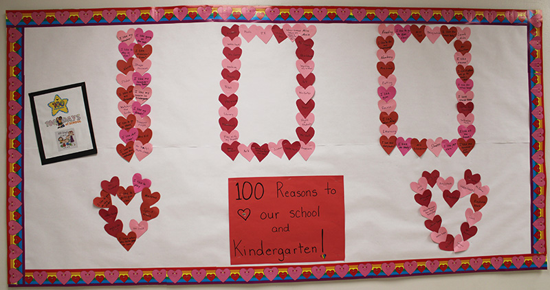 A large bulletin board with a white background and pink and red hearts in the shape of 100. There are two small hearts below it and a sign that says 100 reasons to love our school and kindergarten.
