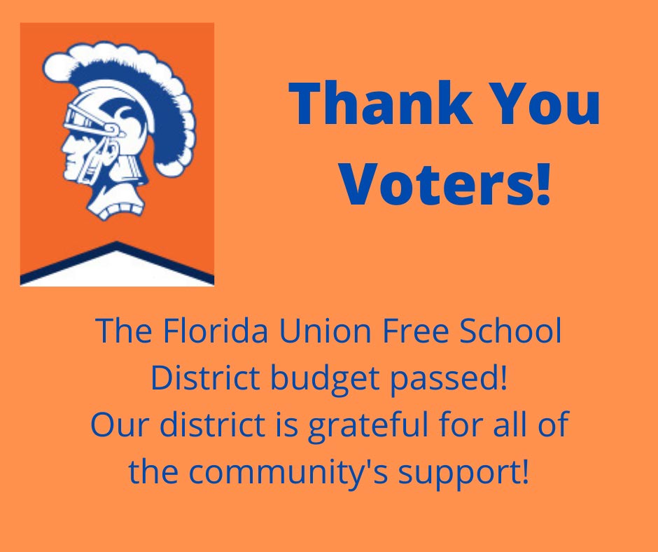 An orange background with a picture of a spartan on the upper left. In blue it says Thank you Voters! The Florida Union Free School District budget passed! Our district is grateful for all of the community's support!