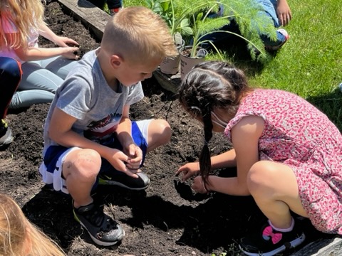 Two students, a boy and a girl, plant seeds in a garden.