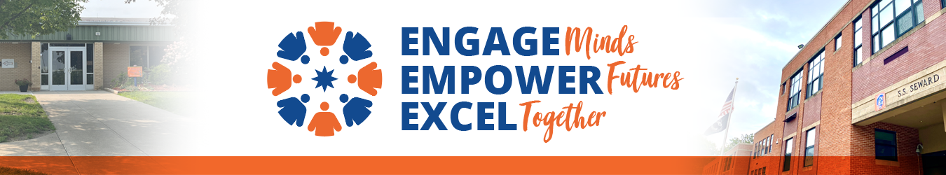 Photos of the elementary and high school buildings next to the newsletter tagline logo that reads Engage Minds, Empower Futures, Excel Together