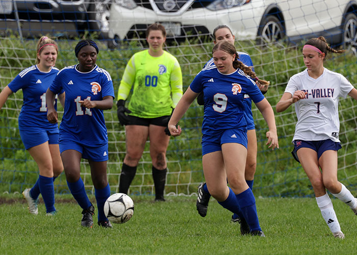 Soccer players go for the ball during a game