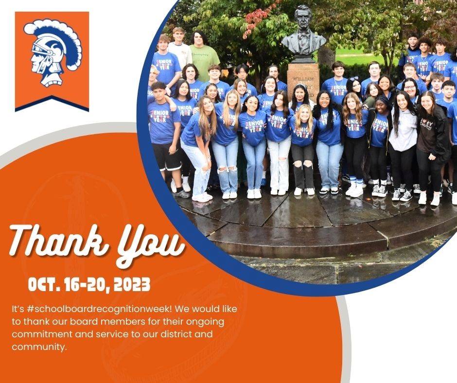 In one circle outlined in blue are students posing for a photo by a bust of a person, in another orange circle is the Words Thank you. Oct. 16-20, 2023. It's #schoolboardrecognitionweek! We would like to thank our board members for their ongoing commitment and service to our district and community. At top left is the Spartan logo