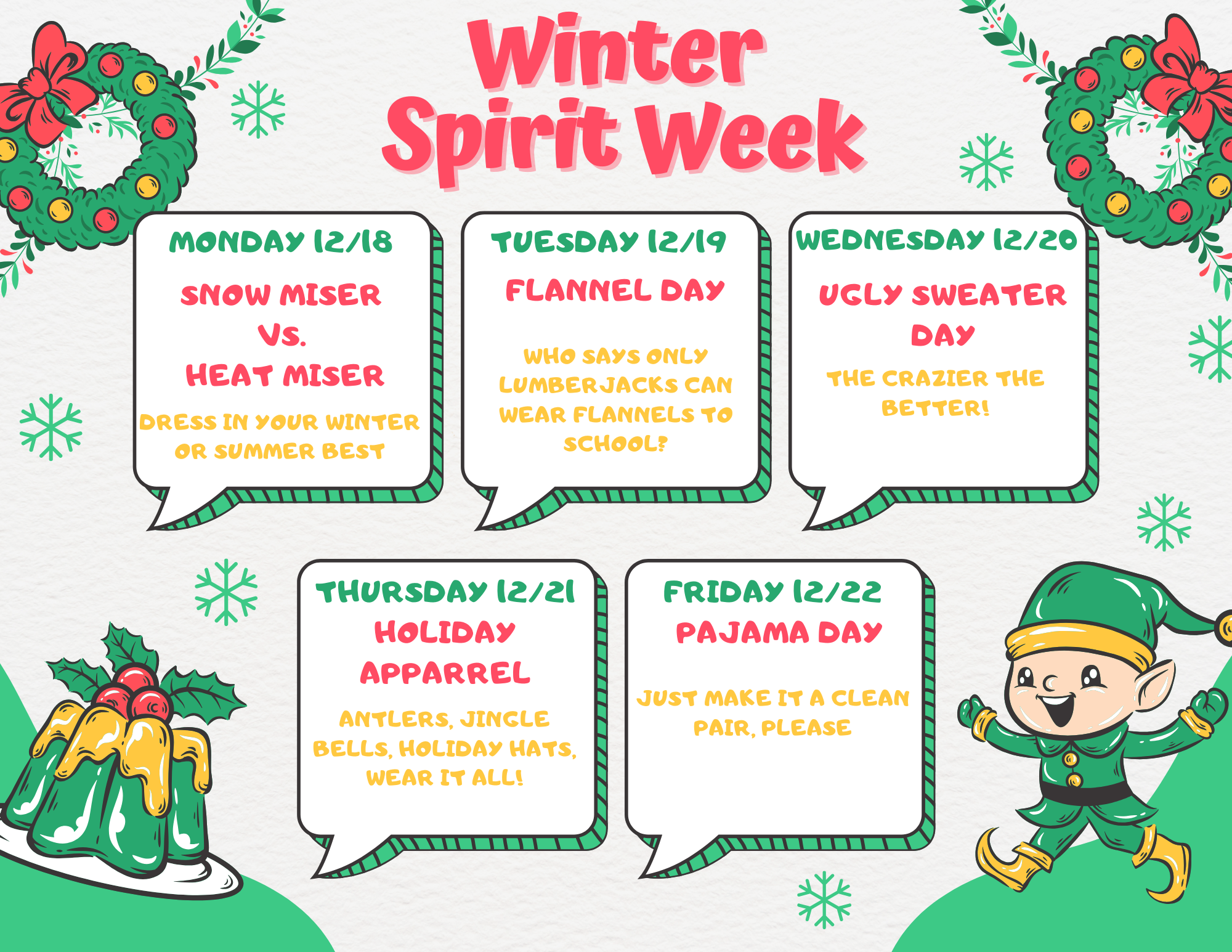Spirit Week Flyer outlining dates and what to wear