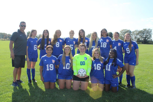 Team of soccer players in blue posing for picture