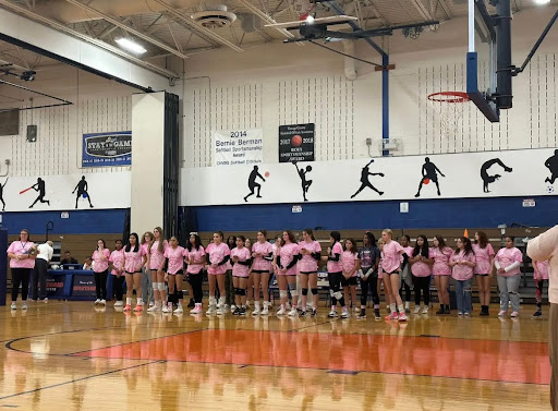 Team of volleyball players wearing pink