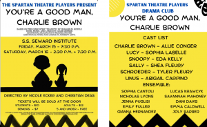 Flier for theater production. Text on flier: The Spartan Theatre Players Present 'You're a Good Man Charlie Brown" S.S. Seward Institute Friday, March 15, 7:30 pm Saturday March 16, 2:30 and 7:30 pm Directed by Nicole Ecker and Christian Deas Tickets will be sold at the door Students - $10 Seniors - $7 Adults $12 5 and under - free Cast List Charlie Brown - Allie Cogner Lucy - Sophia Labelle Snoopy - Eda Kelly Sally - Shea Dleury Schroeder - Tyler Fleury Linus - Abigail Carpino Ensemble: Sophia Cantoli Nicholas Lyons Jenna Puglisi Emily Fuller Gianna Hernandez Lucan Krawcyk Savannah Mahoney Dani Davis Emma Caldwell Joly Barber