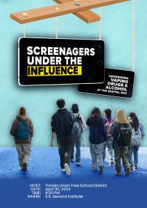 Screenagers Under the Influence movie poster: event will be held on April 30 at 6:30 p.m. in the S.S. Seward cafetorium