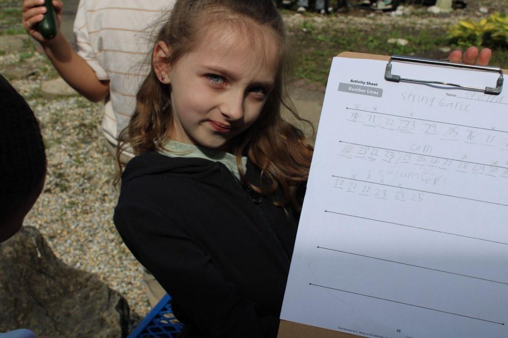 Student showing work on a clipboard